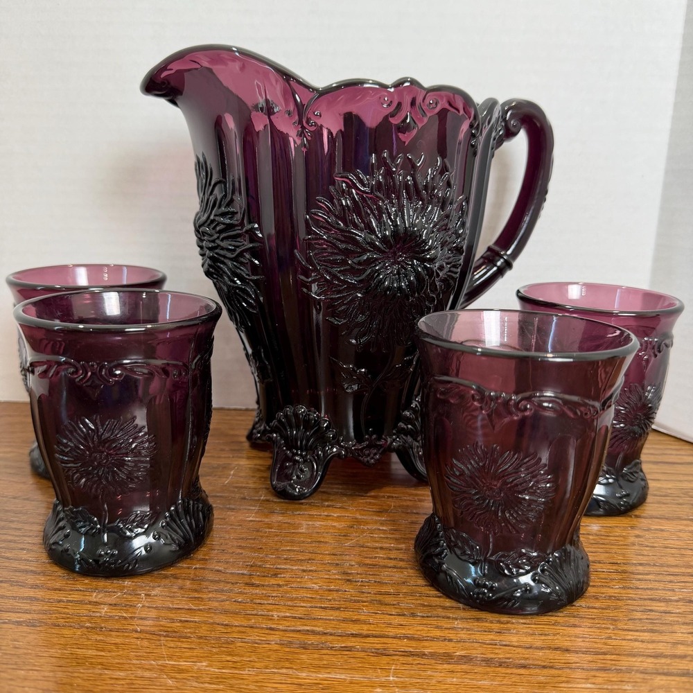 Mosser Glass Dahlia Amethyst Pitcher 4 Tumblers Purple Water Set